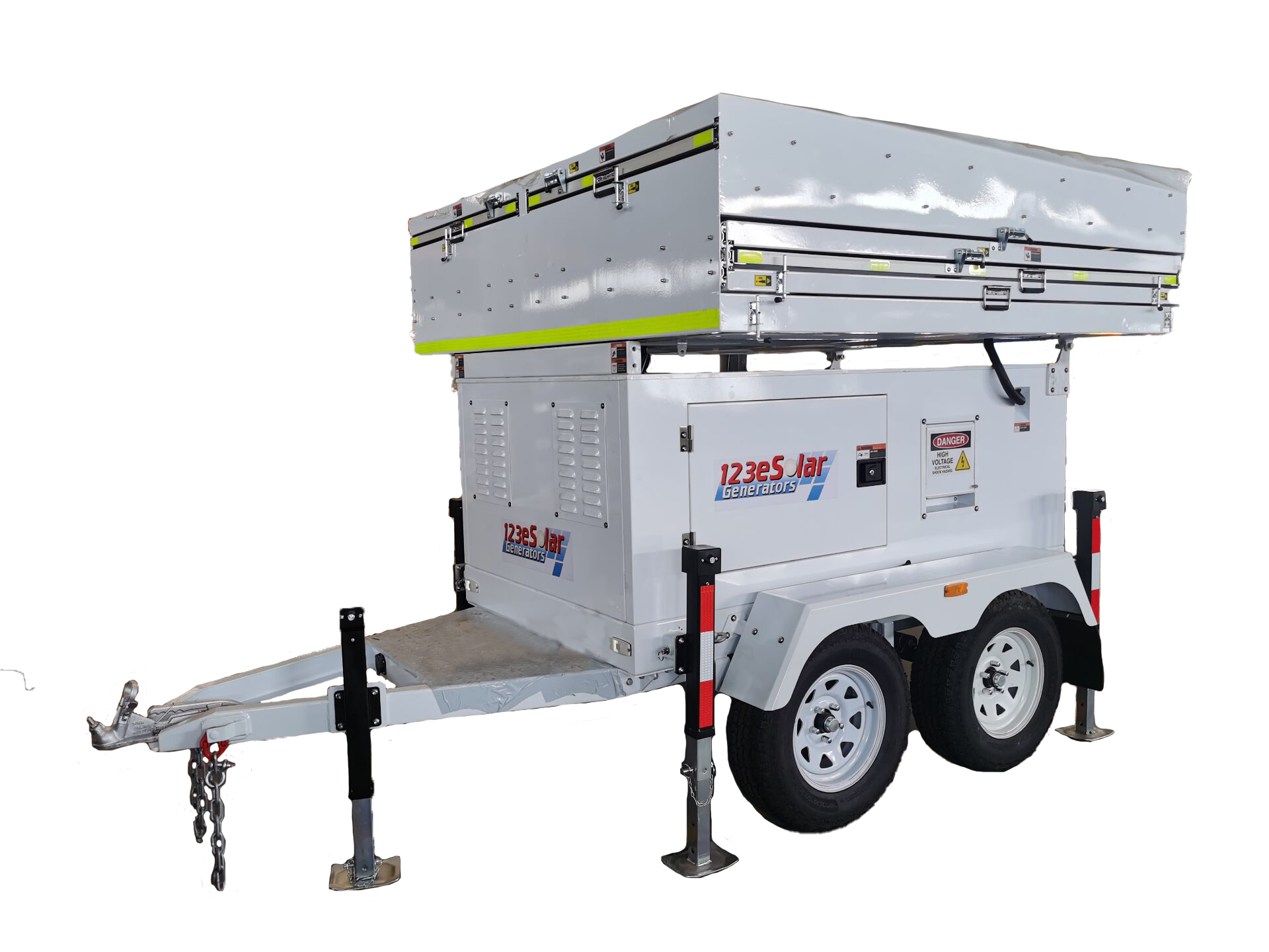 123eSolar 4.5kw solar power trailer generator on a DOT-approved dual axle trailer