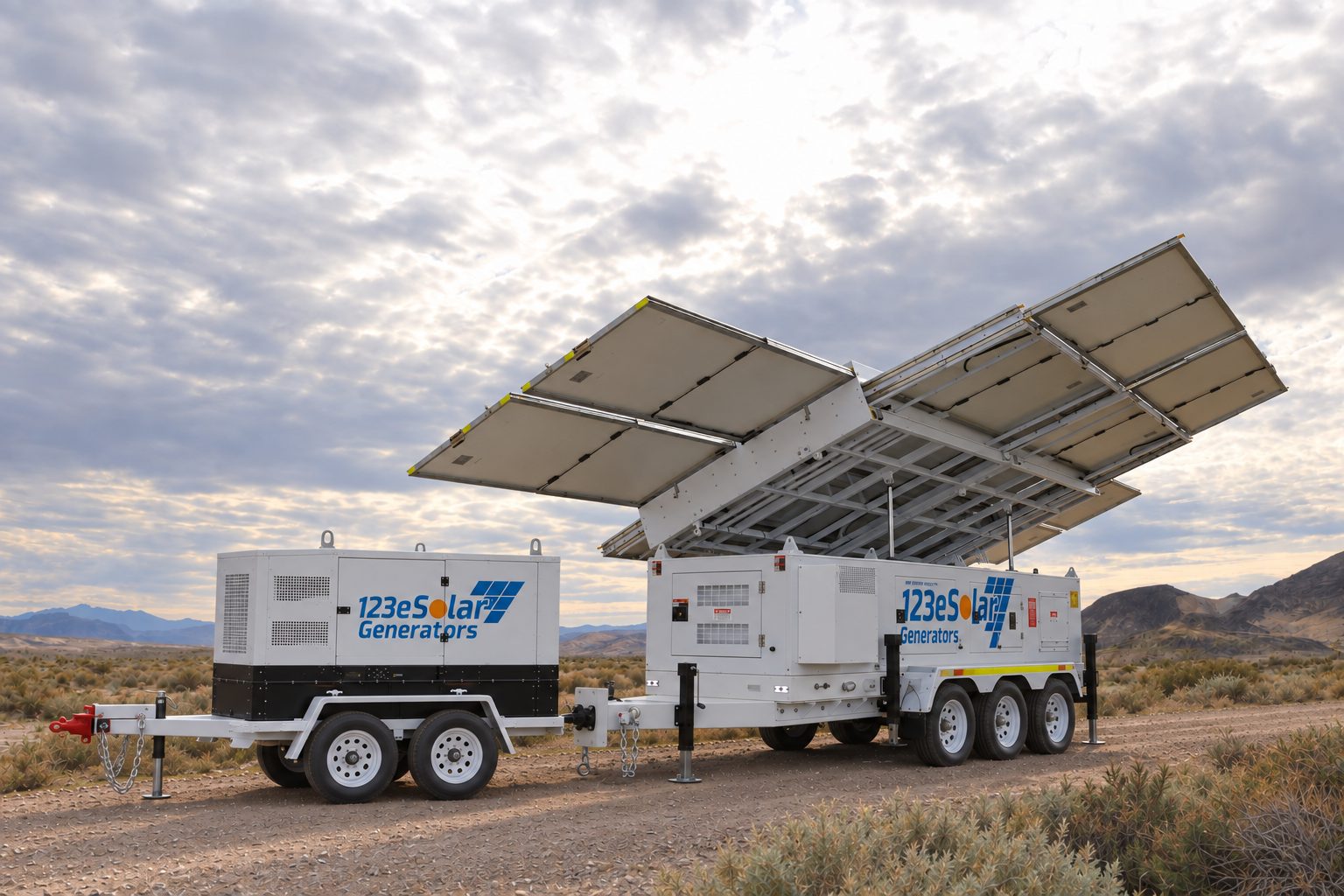 123-SG-7S82-40 — Two units, one system: sixteen panels opened wide beside the standalone 40 kW diesel.