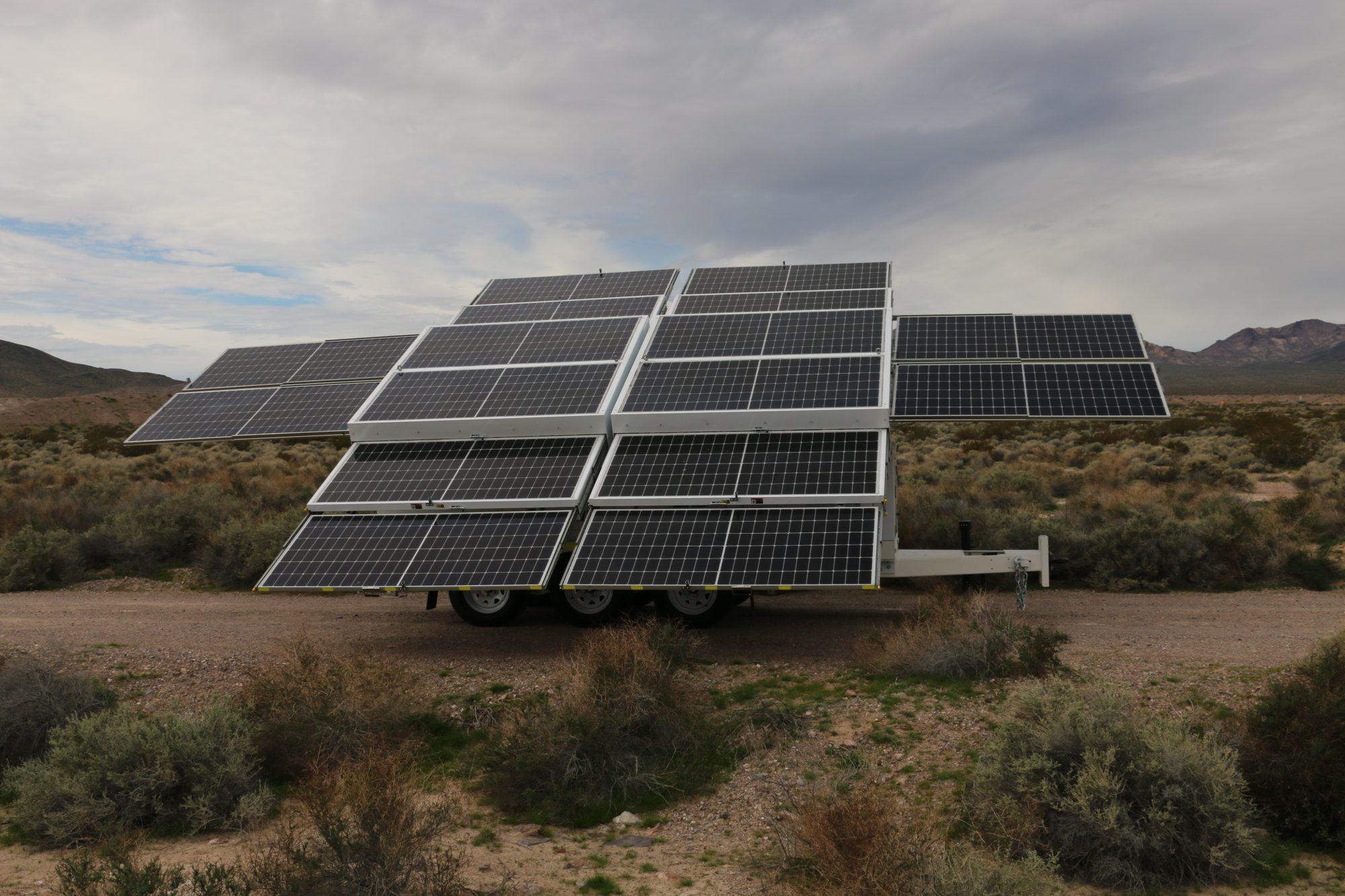 123-SG-7S82 — Sixteen panels deployed flat to 7.36 kW, harvesting 31.6 kWh on an average day.